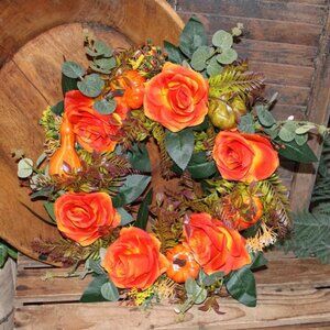 NEW 16" Orange Floral Pumpkin & Gourd Farmhouse Fall Wreath